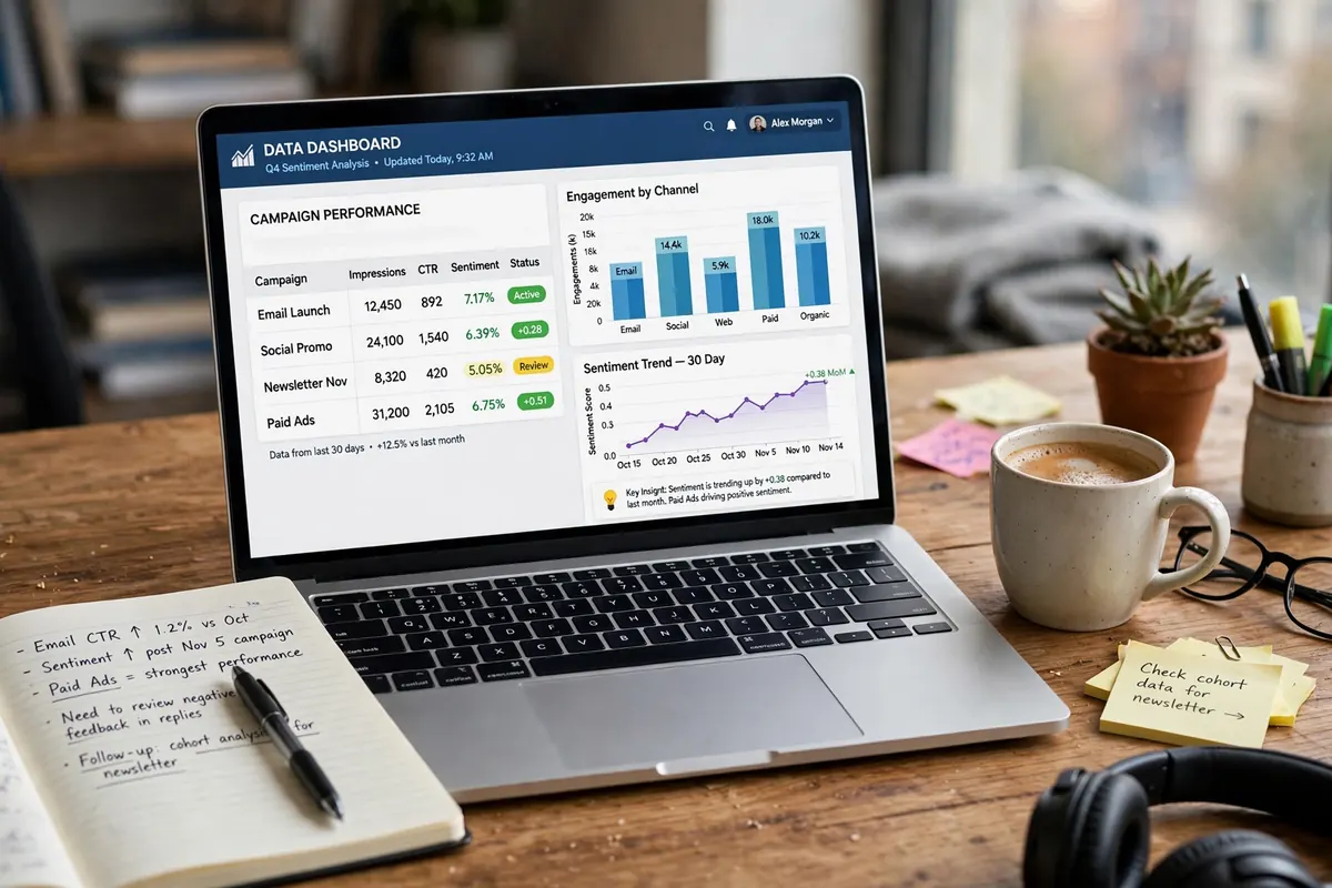 A laptop showing a spreadsheet dashboard of review data with bar charts and sentiment graphs.