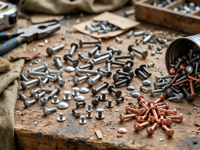An assortment of metal rivets arranged on a workbench beside workshop tools