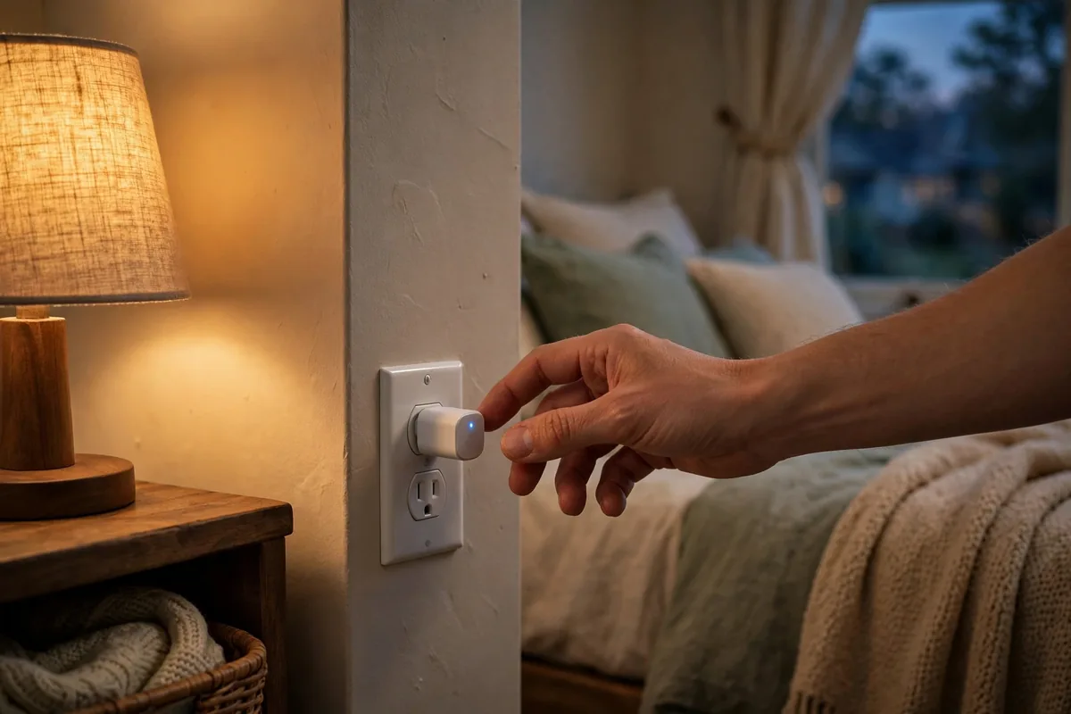 Hand setting up a smart plug using a smartphone