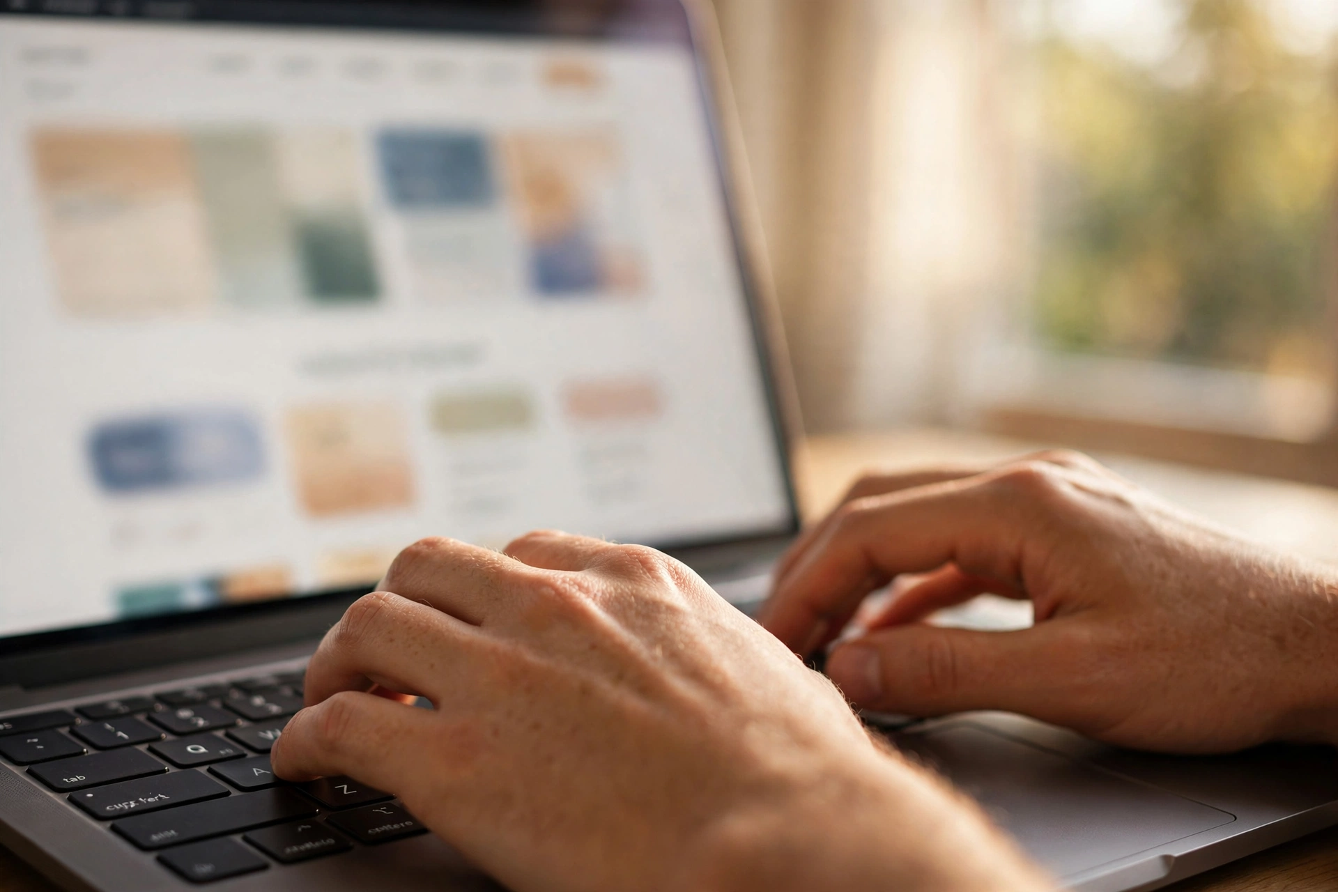 Hands typing on a laptop while building a website with an online builder