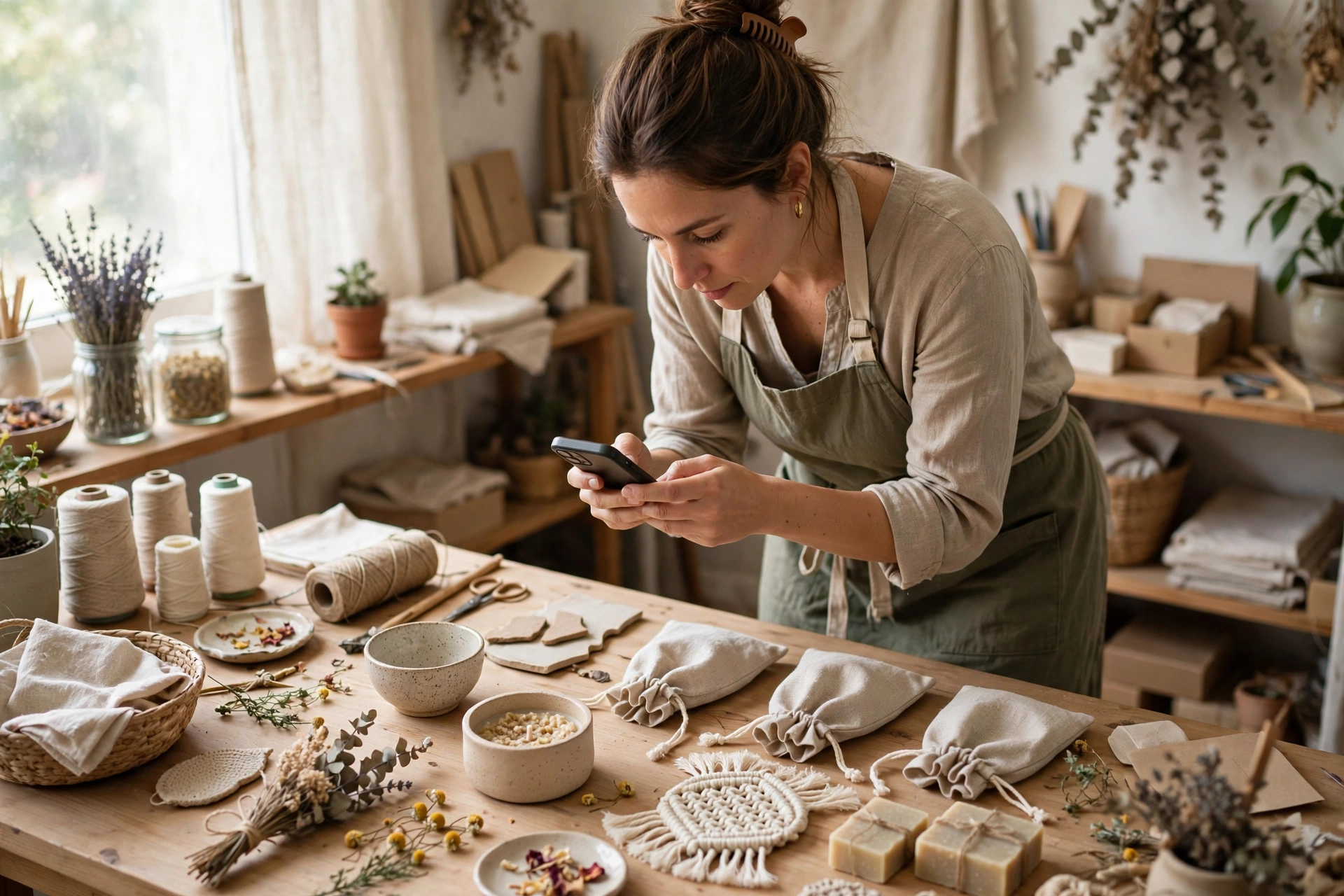 Small business owner photographing handmade products for an online store