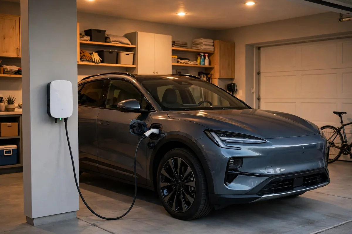 Subaru Solterra electric SUV charging at home in a garage with a wall-mounted charger