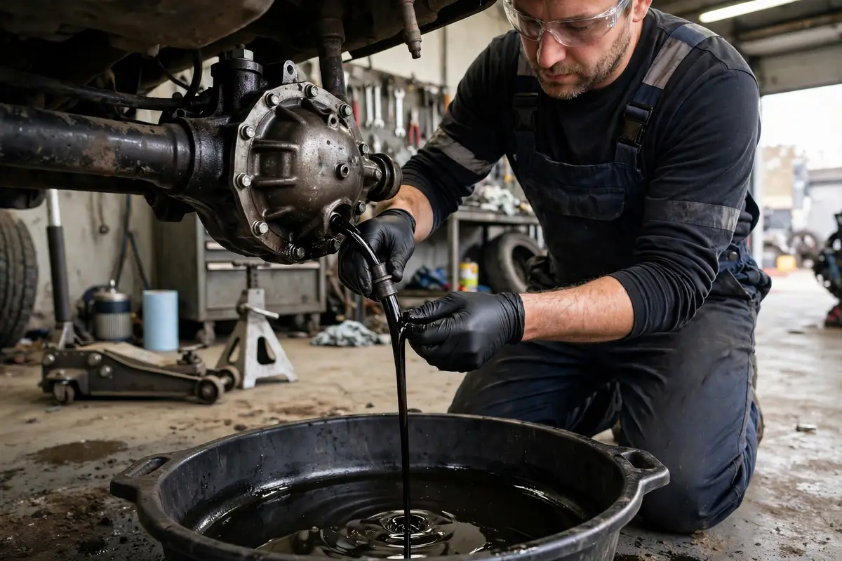 A technician draining and replacing transfer case fluid during routine 4WD maintenance.