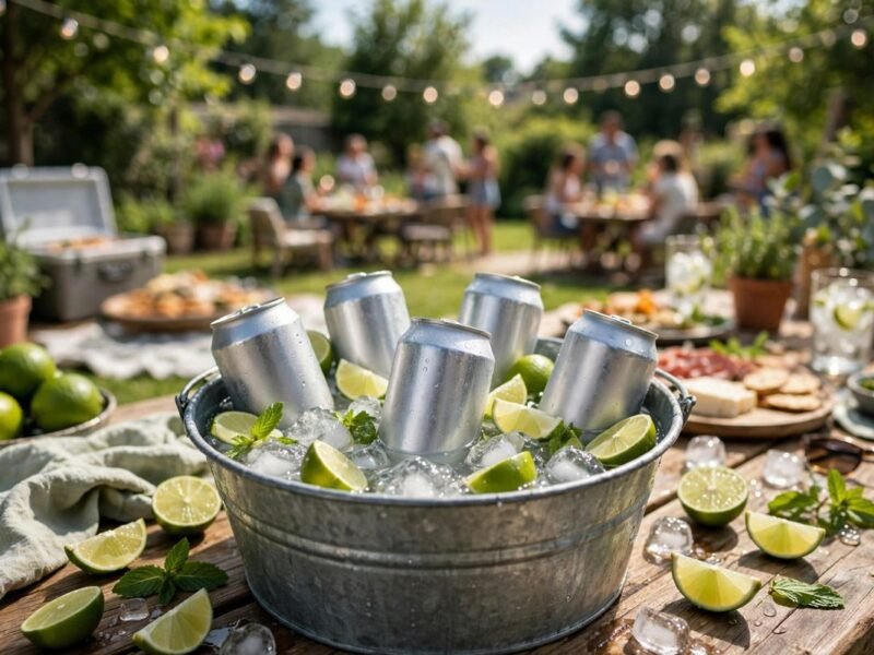A chilled White Claw variety pack with colourful slim cans on ice beside fresh citrus and berries.