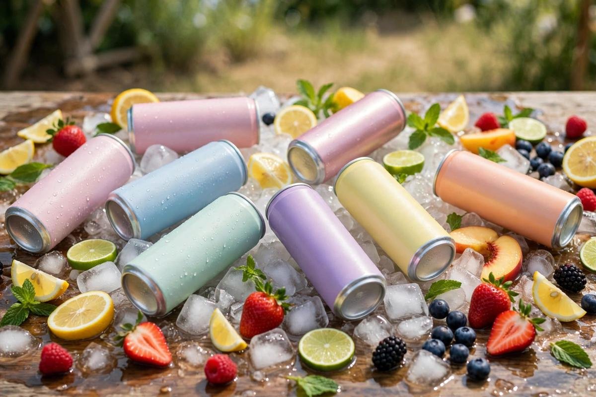 An ice-cold White Claw variety pack with assorted fruit-flavoured cans arranged on a summer table.