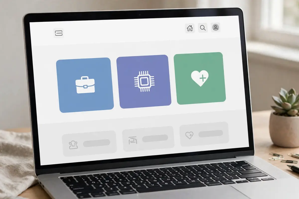 Yonopress topic hubs for business, technology, and health guides shown as simple category tiles.